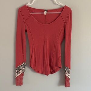 We The Free Red Bodysuit with Patterned Cuffs